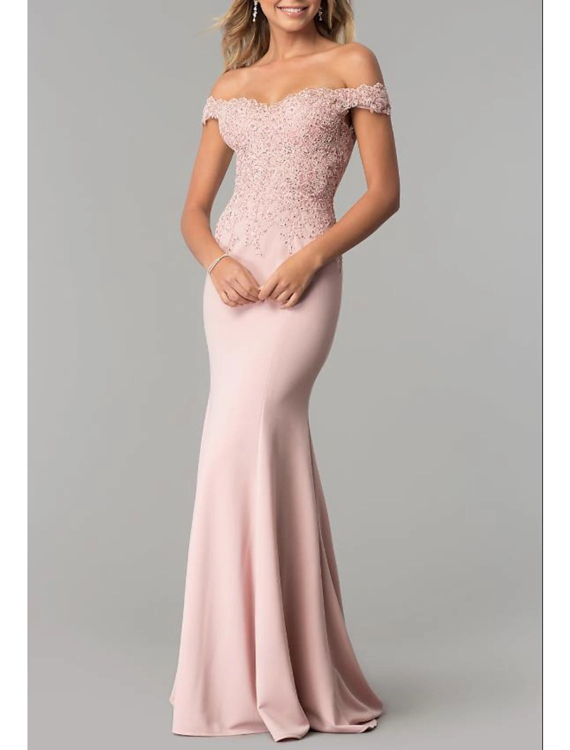 Mermaid / Trumpet Prom Dresses Elegant Dress Wedding Guest Prom Sweep / Brush Train Short Sleeve Off Shoulder Stretch Satin with Appliques