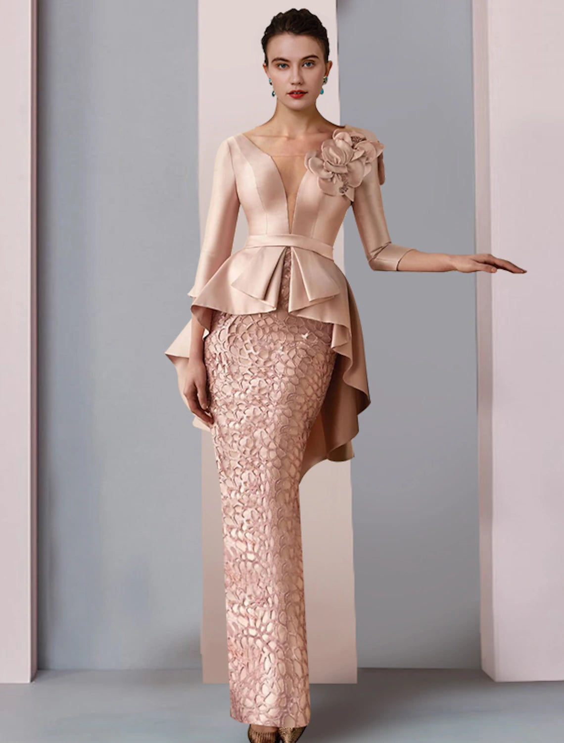 Sheath / Column Mother of the Bride Dress Wedding Guest Elegant Party V Neck Floor Length Satin Lace 3/4 Length Sleeve with Appliques Cascading Ruffles Flower