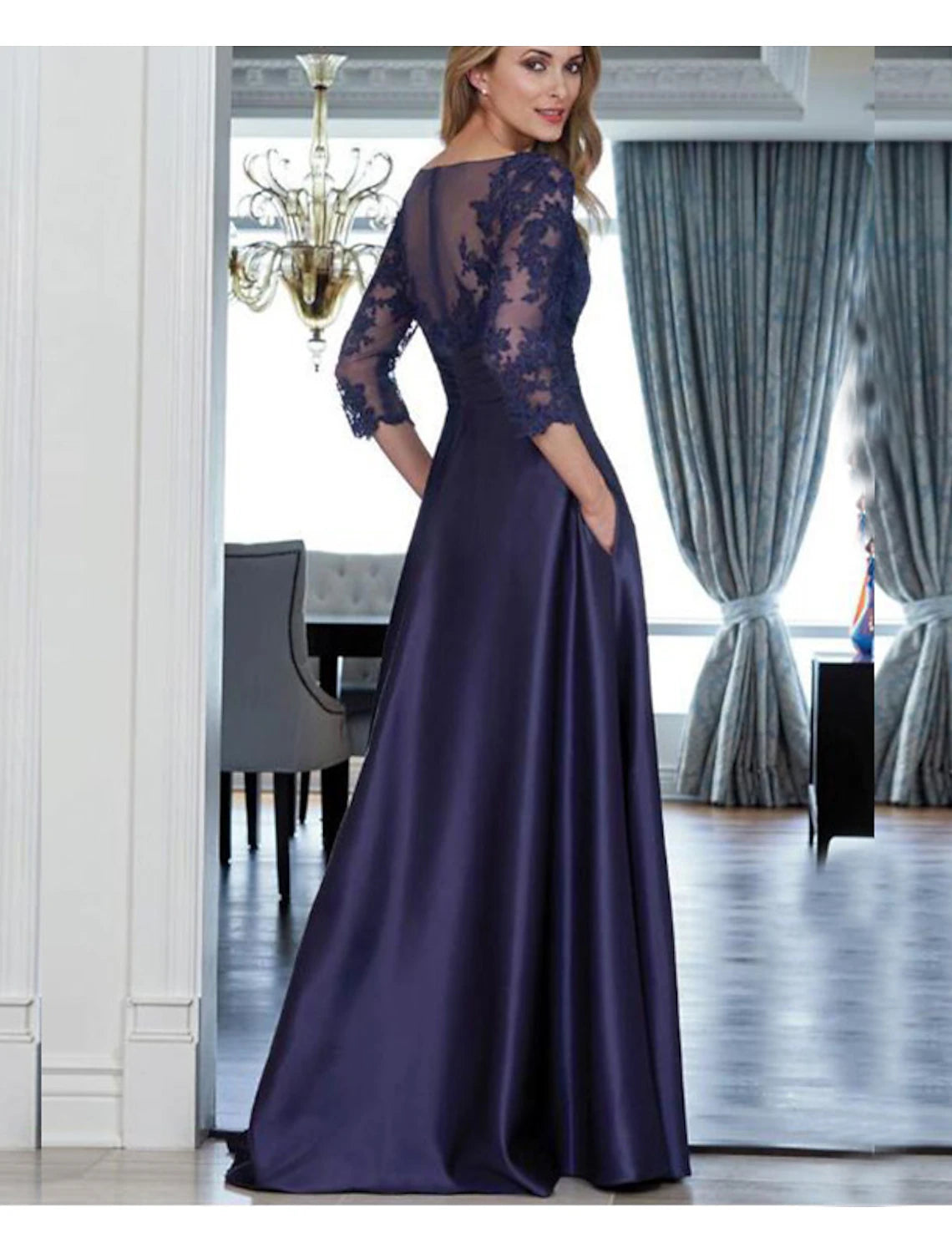 A-Line Sheath / Column Mother of the Bride Dress Elegant Simple Jewel Neck Floor Length Italy Satin Long Sleeve No with Ruched Appliques