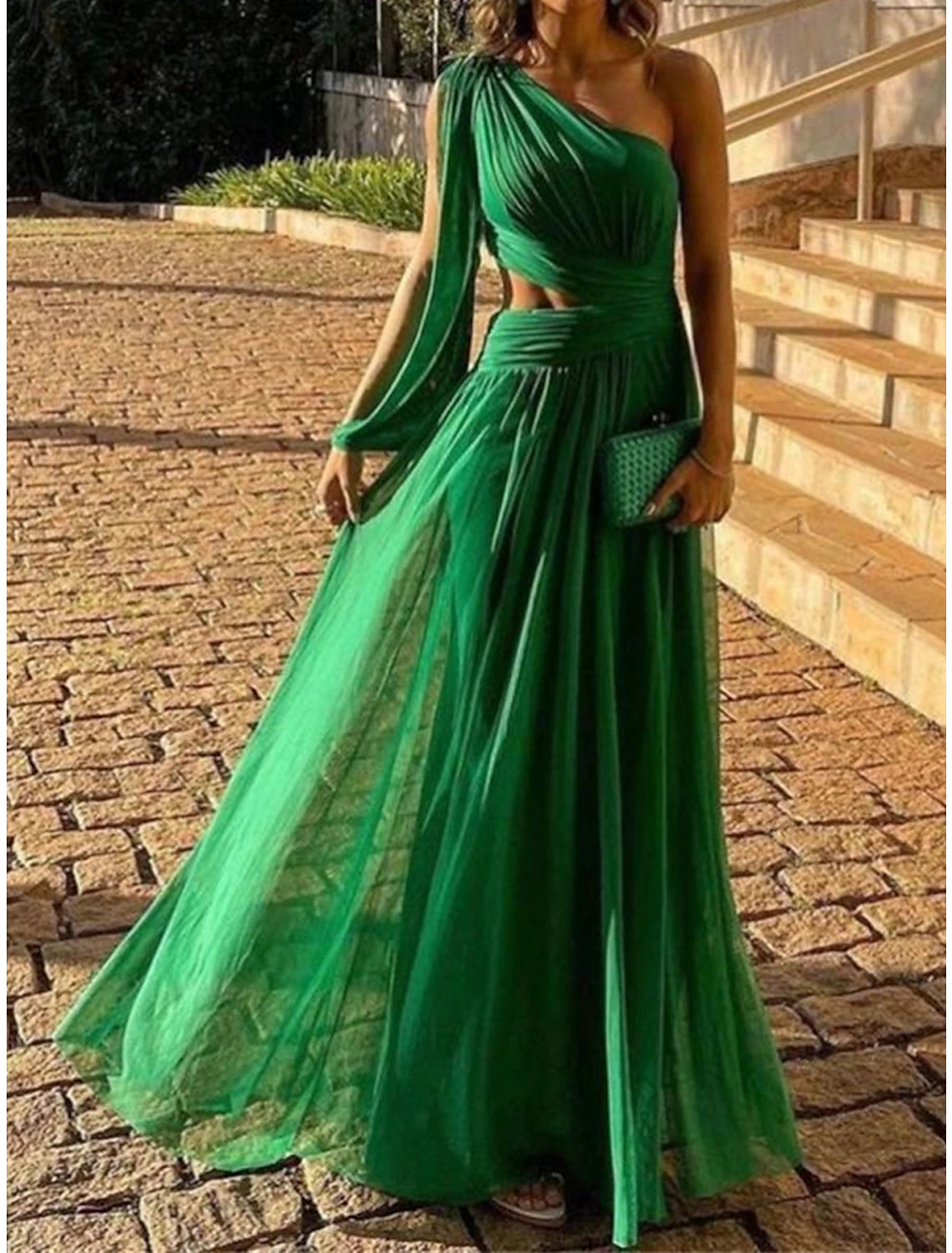 Women's Prom Dress Party Dress Cut Out Dress Long Dress Maxi Dress Green Long Sleeve Pure Color Backless Spring Fall Winter One Shoulder Fashion Birthday Evening Party Wedding Guest