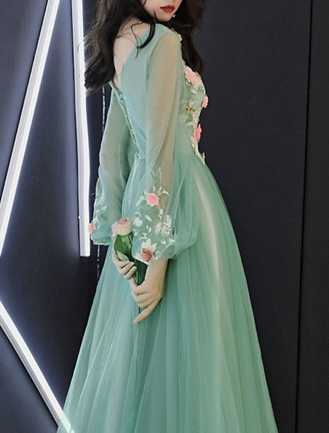 A-Line Prom Dresses Luxurious Dress Valentine's Day Wedding Guest Floor Length Long Sleeve Illusion Neck Tulle with Appliques