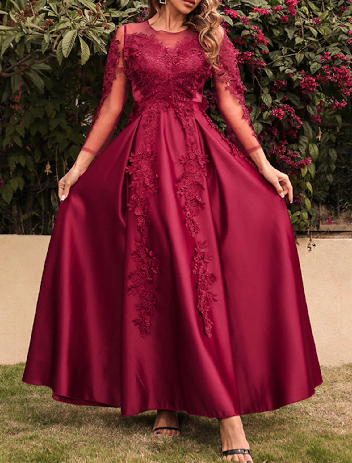 Women's Prom Dress Party Dress Lace Dress Long Dress Maxi Dress Red 3/4 Length Sleeve Pure Color Lace Spring Fall Winter Crew Neck Red Valentines Dress Party Winter Dress Valentine's Day