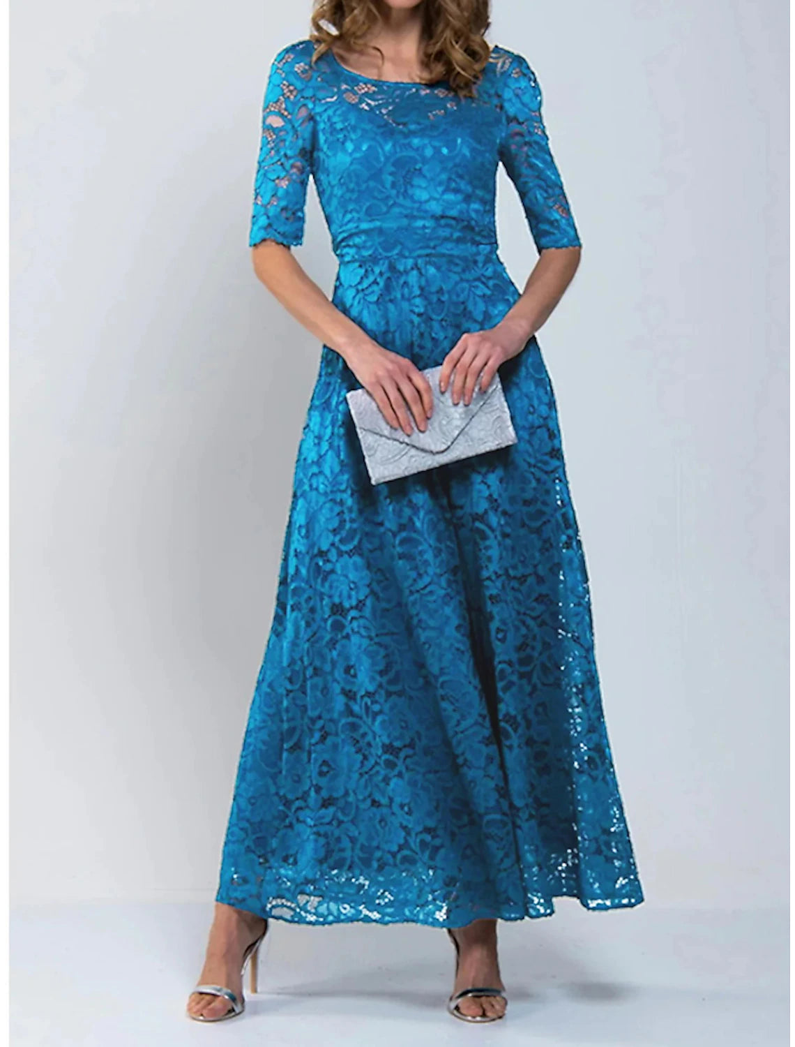 Women's A Line Dress Maxi long Dress Royal Blue Lace Dress Half Sleeve Floral Solid Color Ruched Print Spring Summer Crew Neck Stylish Elegant