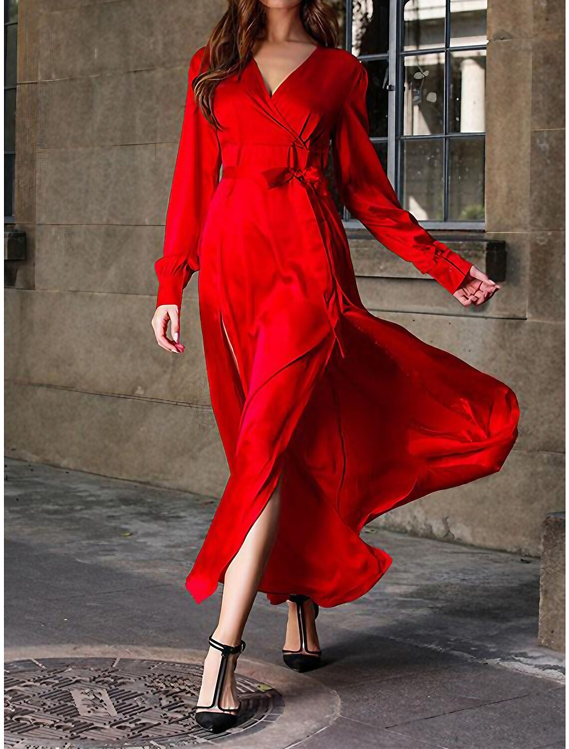 Women's Prom Dress Red Christmas Party Dress Lace Dress New Year's Eve Dress Wedding Guest Dress Long Dress Maxi Dress Yellow Light Green Red Long Sleeve Lace up