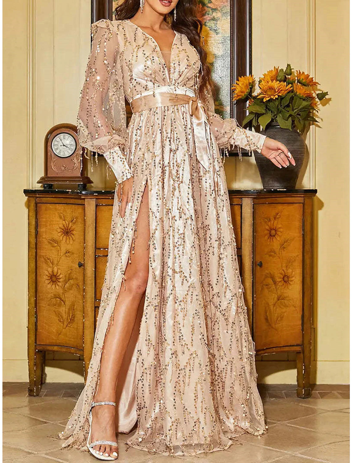 Women's Gold Sequin Dress Gold Dress Prom Dress Party Dress Sparkly Dress Prom Dress Dress Long Dress Maxi Dress Black Red Long Sleeve Spring Fall Winter V Neck Fashion