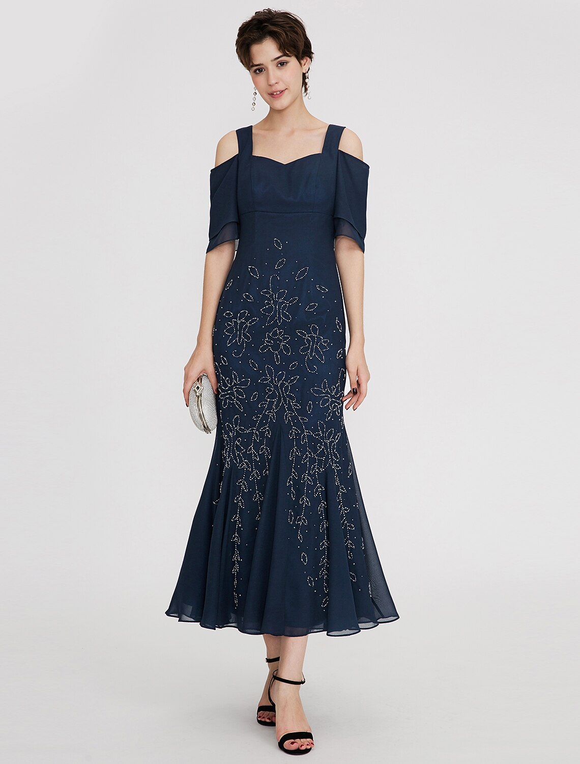 Mermaid / Trumpet Elegant Dress Holiday Cocktail Party Tea Length Short Sleeve Straps Chiffon with Pleats Beading