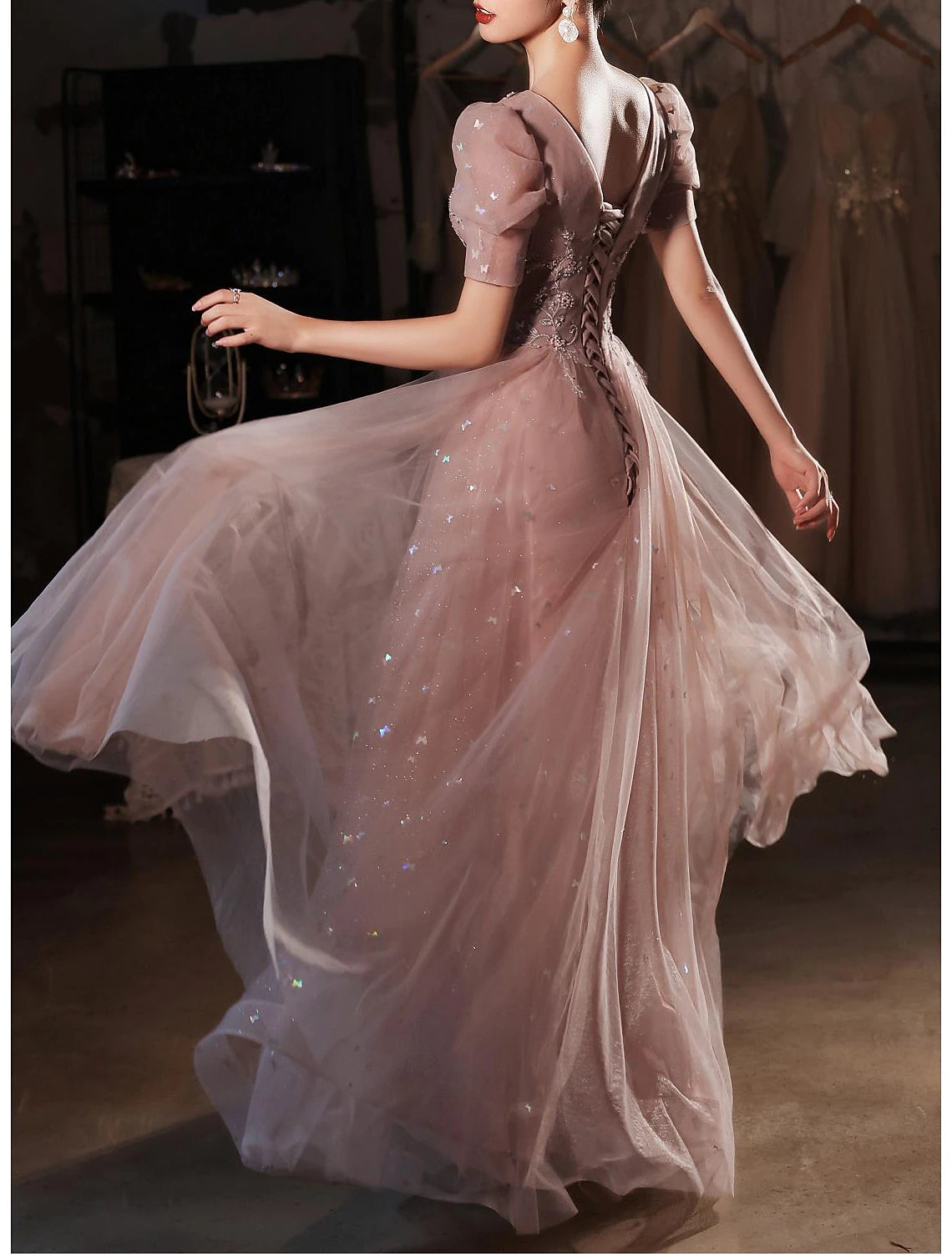 A-Line Prom Dresses Elegant Dress Wedding Guest Prom Floor Length Short Sleeve Sweetheart Tulle V Back with Beading Appliques