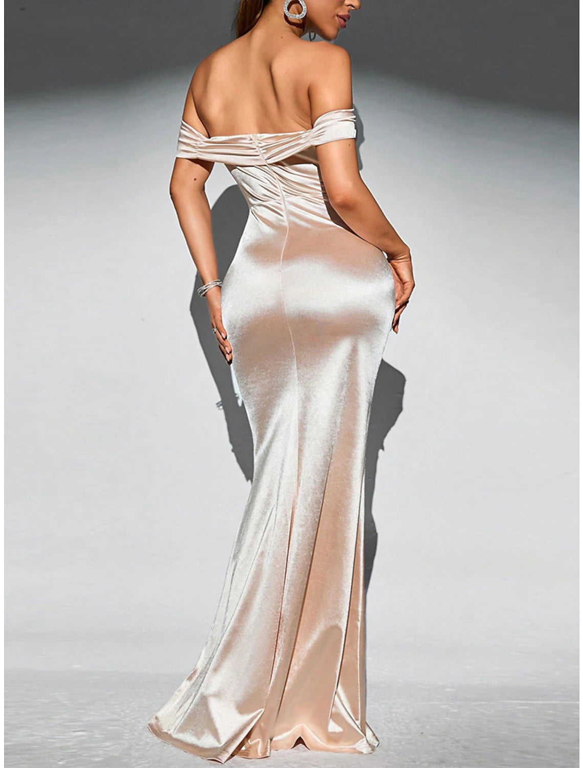 Women's Party Dress Wedding Guest Dress Sheath Dress Long Dress Maxi Dress Black Champagne Blue Short Sleeve Pure Color Ruched Spring Fall Winter Off Shoulder Fashion Winter Dress Wedding Guest