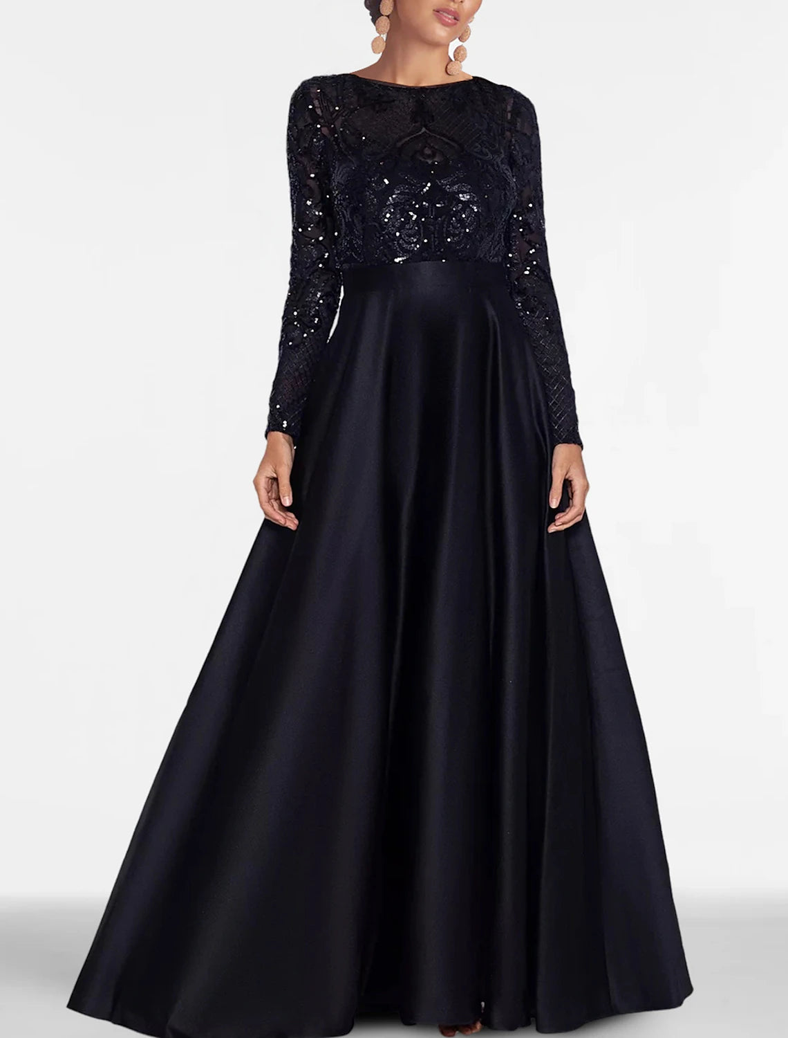A-Line Evening Gown Elegant Black Dress Plus Size Formal Sequin Satin Dress Black Tie Floor Length Long Sleeve Off Shoulder Fall Wedding Guest with Slit