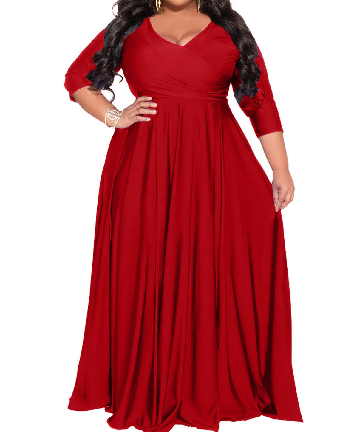 Women's Plus Size Red Chirstmas Dress Curve Party Dress Pure Color V Neck 3/4 Length Sleeve Fall Spring Elegant Maxi long Dress Party Evening Party Dress