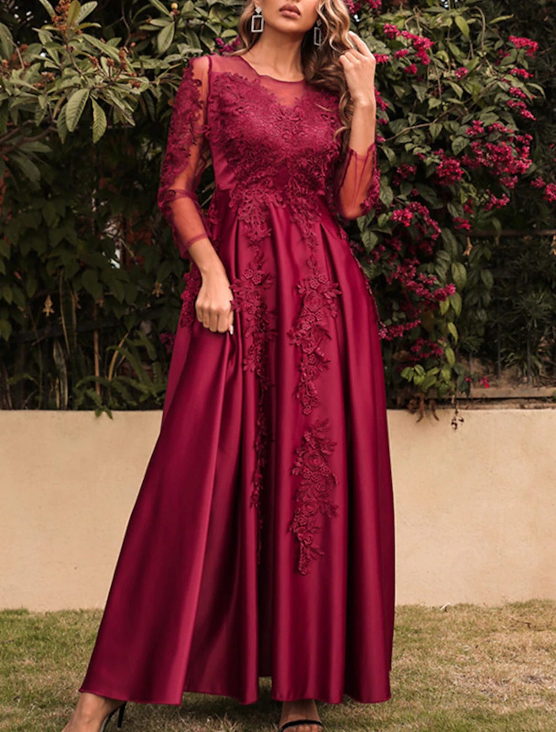 Women's Prom Dress Party Dress Lace Dress Long Dress Maxi Dress Red 3/4 Length Sleeve Pure Color Lace Spring Fall Winter Crew Neck Fashion Party Winter Dress Birthday