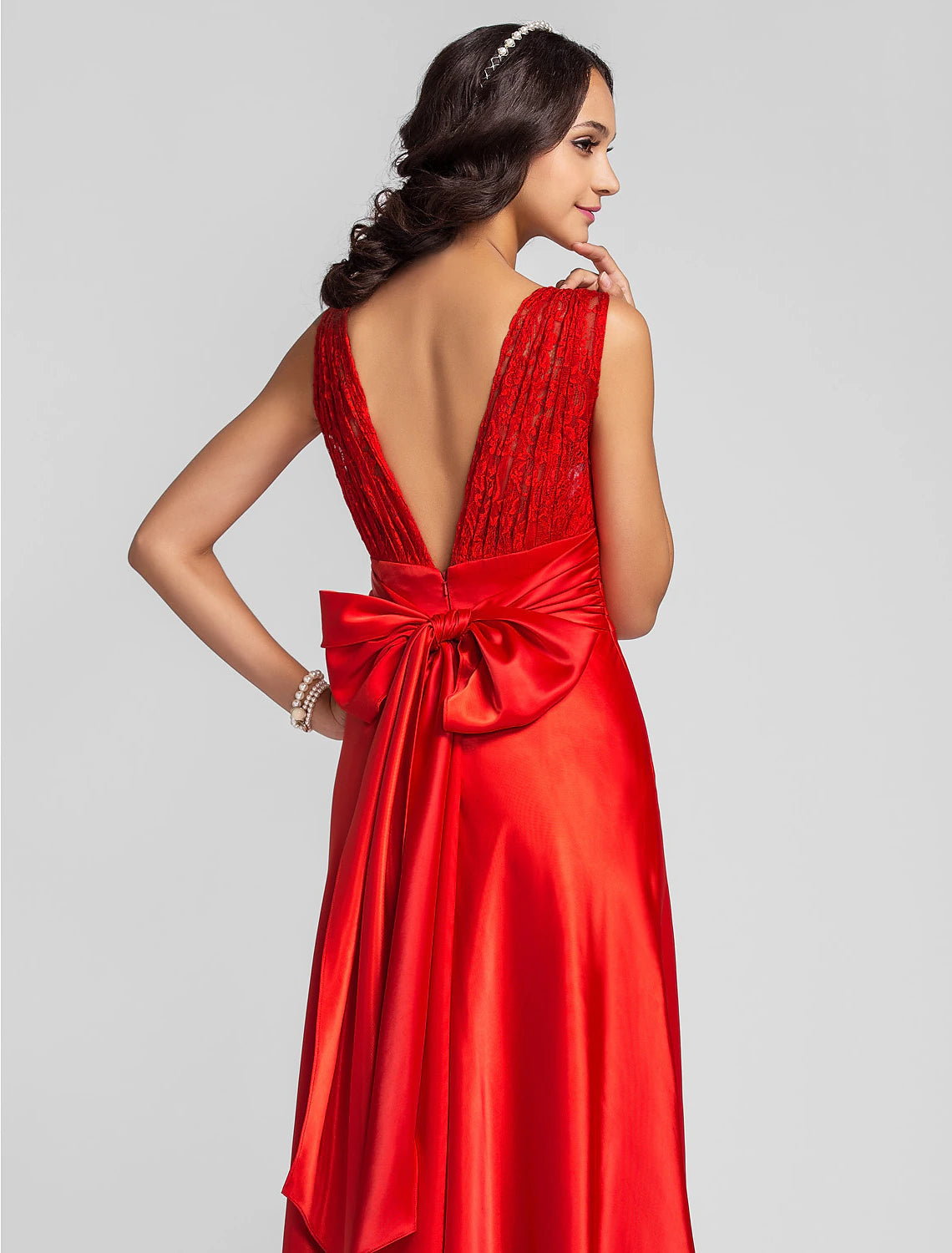 Sheath / Column Open Back Prom Formal Evening Military Ball Dress Straps Sleeveless Floor Length Lace Charmeuse with Beading Side Draping