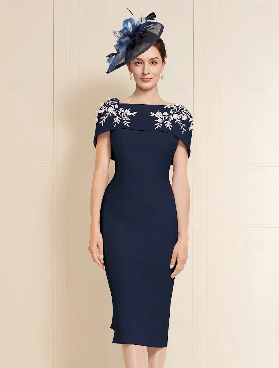 Buyishang Sheath / Column Mother of the Bride Dress Elegant Simple Off Shoulder Tea Length Stretch Fabric Short Sleeve with Bow(s) Pearls Embroidery free custom size