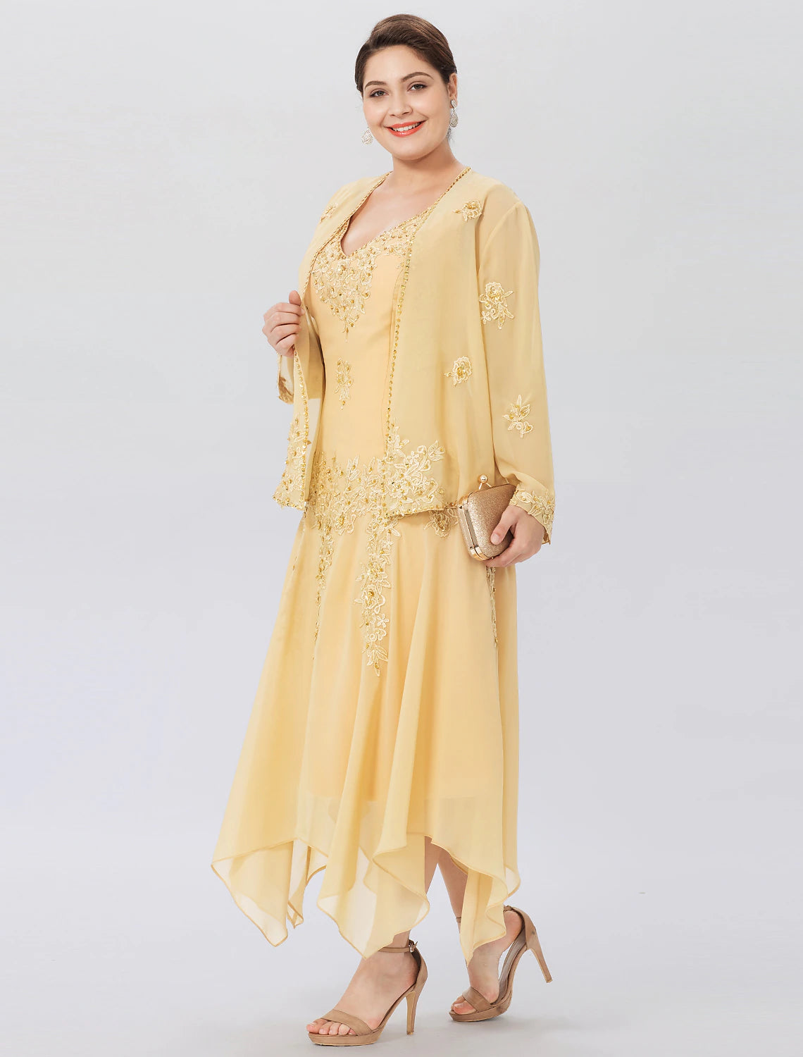 A-Line Mother of the Bride Dress Formal Plus Size Elegant High Low V Neck Asymmetrical Chiffon Beaded Lace Long Sleeve Wrap Included with Beading Appliques