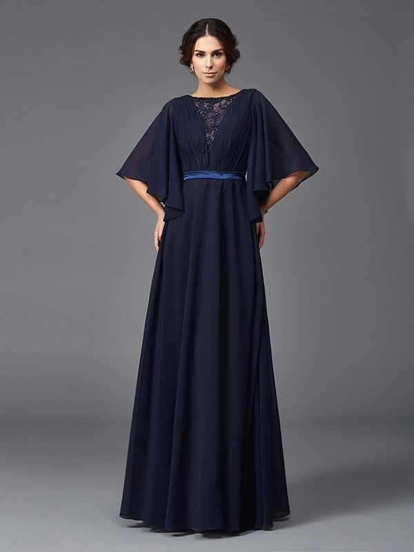 A-Line/Princess Scoop Beading 1/2 Sleeves Long Chiffon Mother of the Bride Dresses