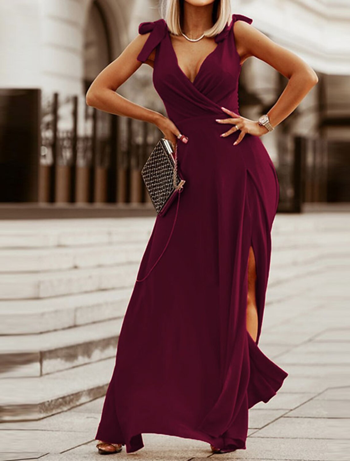 Women‘s Prom Party Dress Swing Dress Long Dress Maxi Dress Green Wine Khaki Sleeveless Pure Color Ruched Spring Summer V Neck Party Wedding Guest Loose Fit