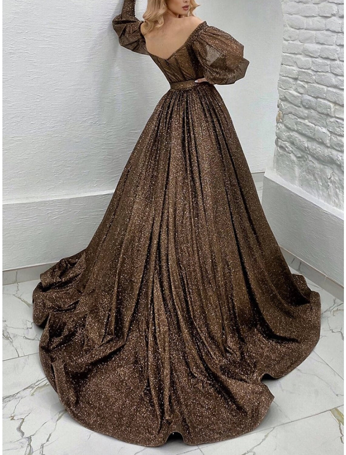 A-Line Evening Gown Elegant Dress Formal Court Train Long Sleeve Off Shoulder Lurex Fabric with Pleats Strappy