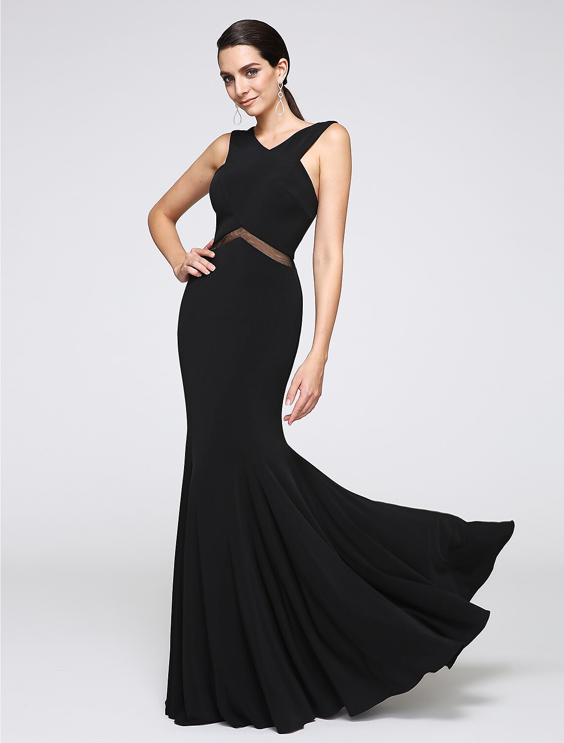 Mermaid / Trumpet Minimalist Dress Holiday Cocktail Party Floor Length Sleeveless Cross Front Jersey with Lace