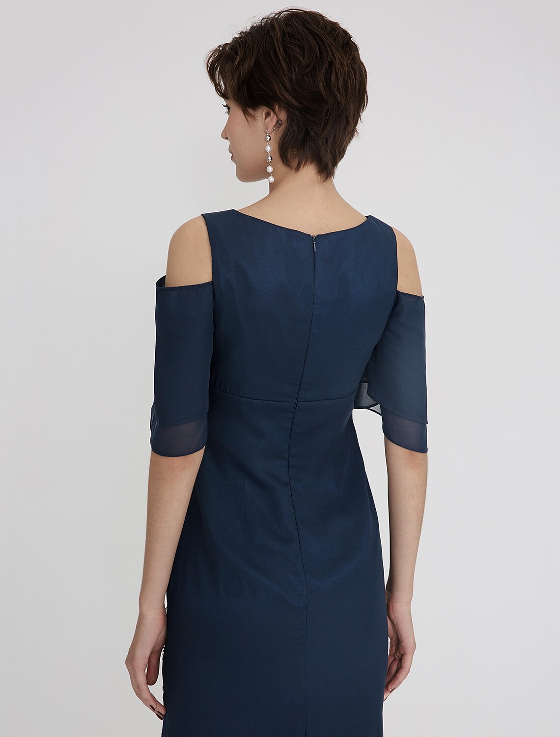 Mermaid / Trumpet Elegant Dress Holiday Cocktail Party Tea Length Short Sleeve Straps Chiffon with Pleats Beading