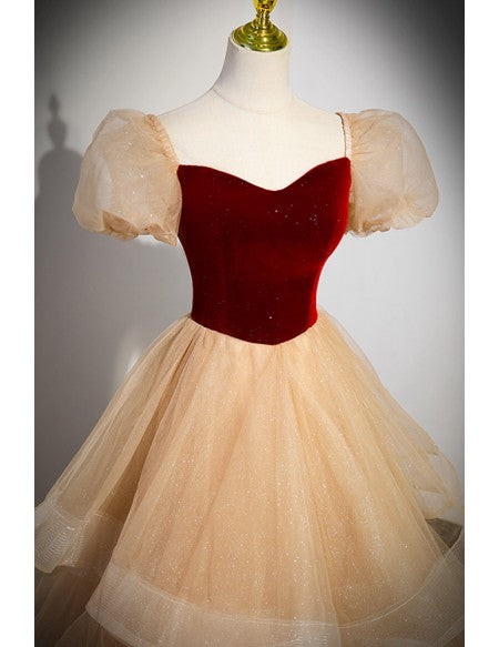 Unique Bling Gold Ruffled Tulle Ballgown Prom Dress with Short Sleeves