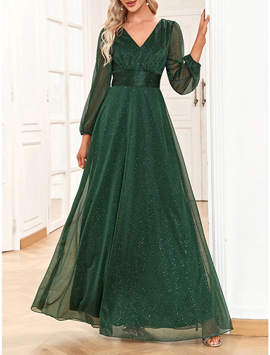 Women‘s Christmas Prom Dress Party Dress Wedding Guest Dress Long Dress Maxi Dress Dark Green Long Sleeve Pure Color Patchwork Fall Winter Autumn V Neck Fashion Birthday Evening Party Wedding Guest