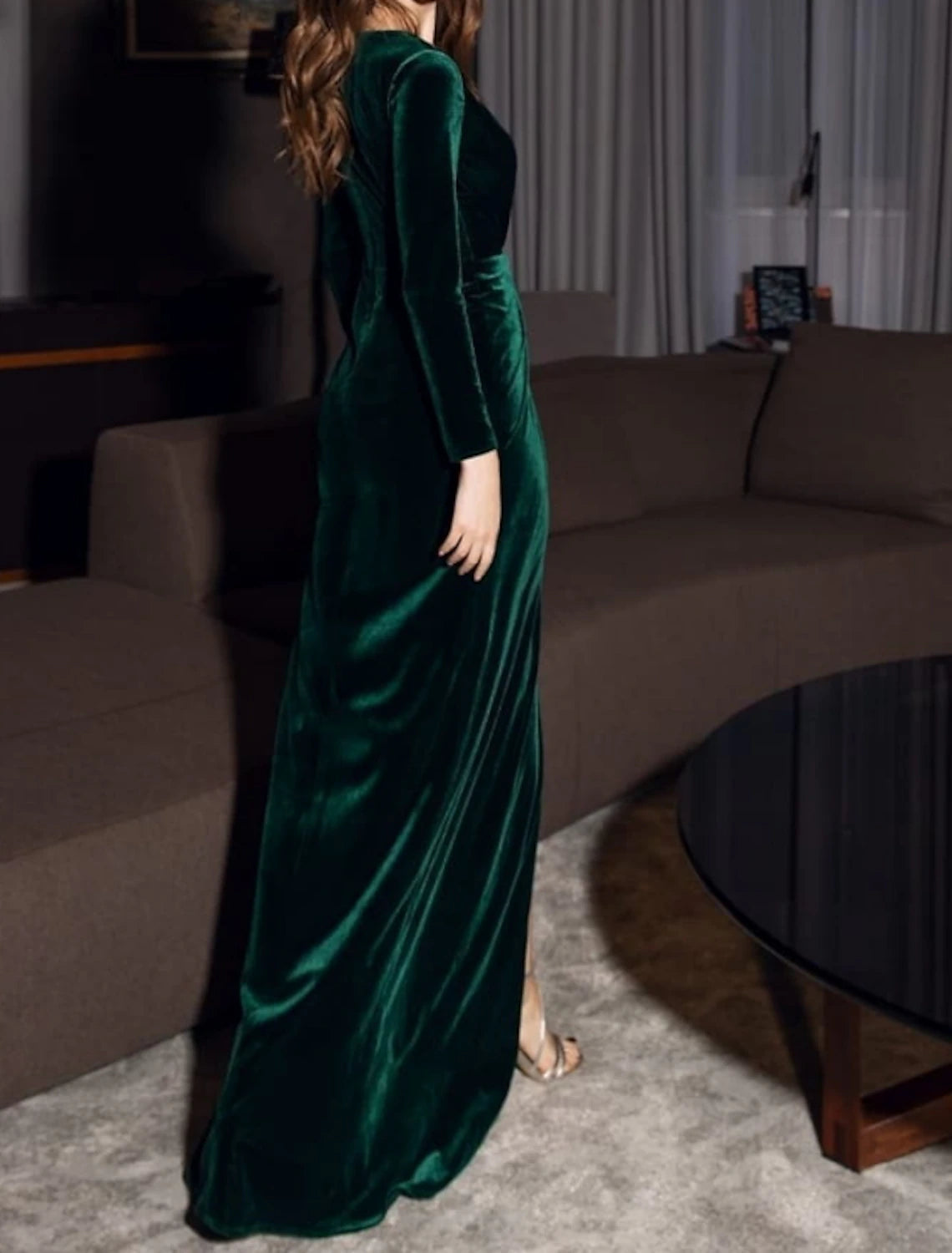 Sheath / Column Evening Gown Vintage Dress Red Green Dress Formal Evening Floor Length Long Sleeve V Neck Fall Wedding Guest Velvet with Draping Slit