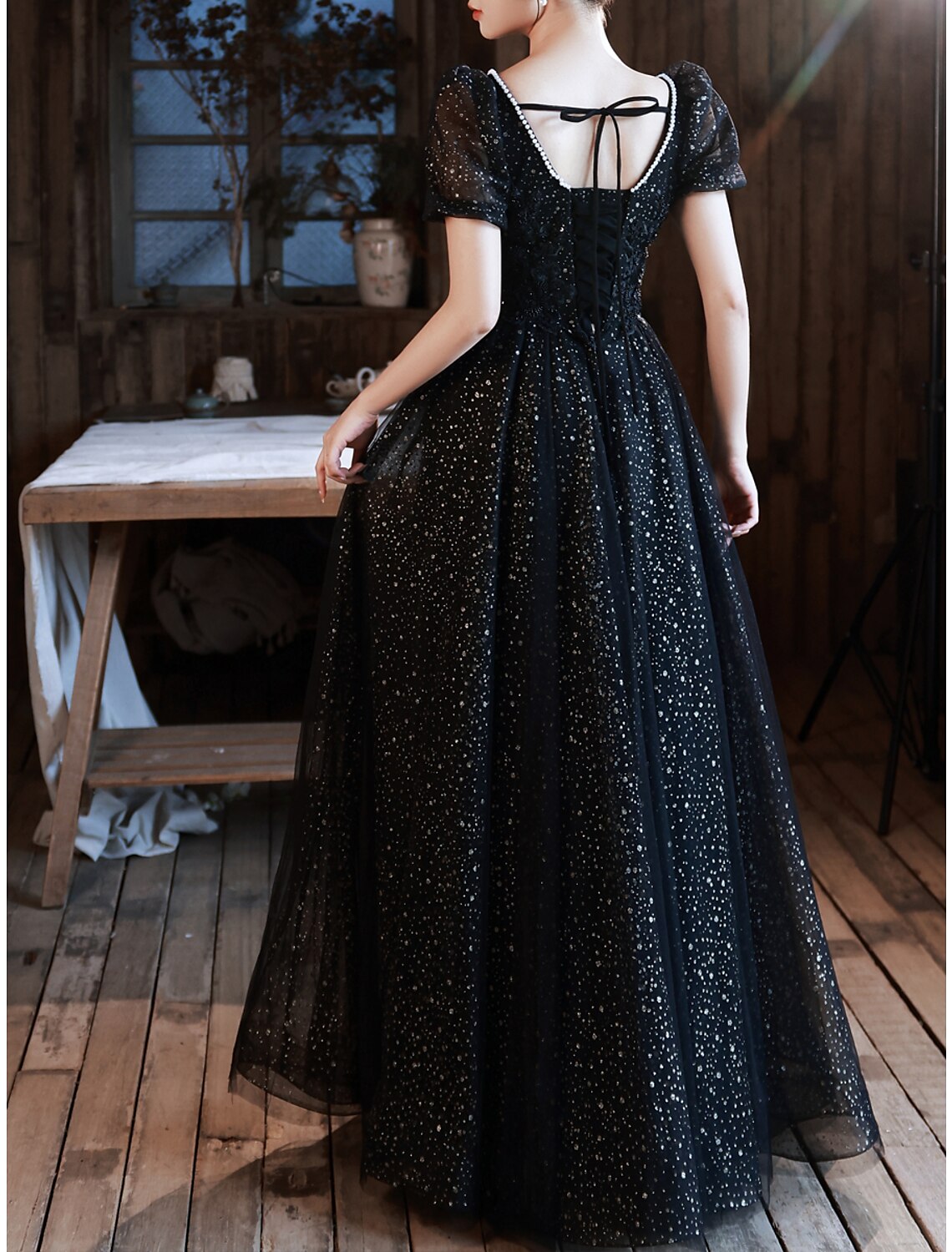 A-Line Prom Dresses Sparkle & Shine Dress Party Wear Prom Floor Length Half Sleeve Sweetheart Satin with Ruched Pearls Appliques