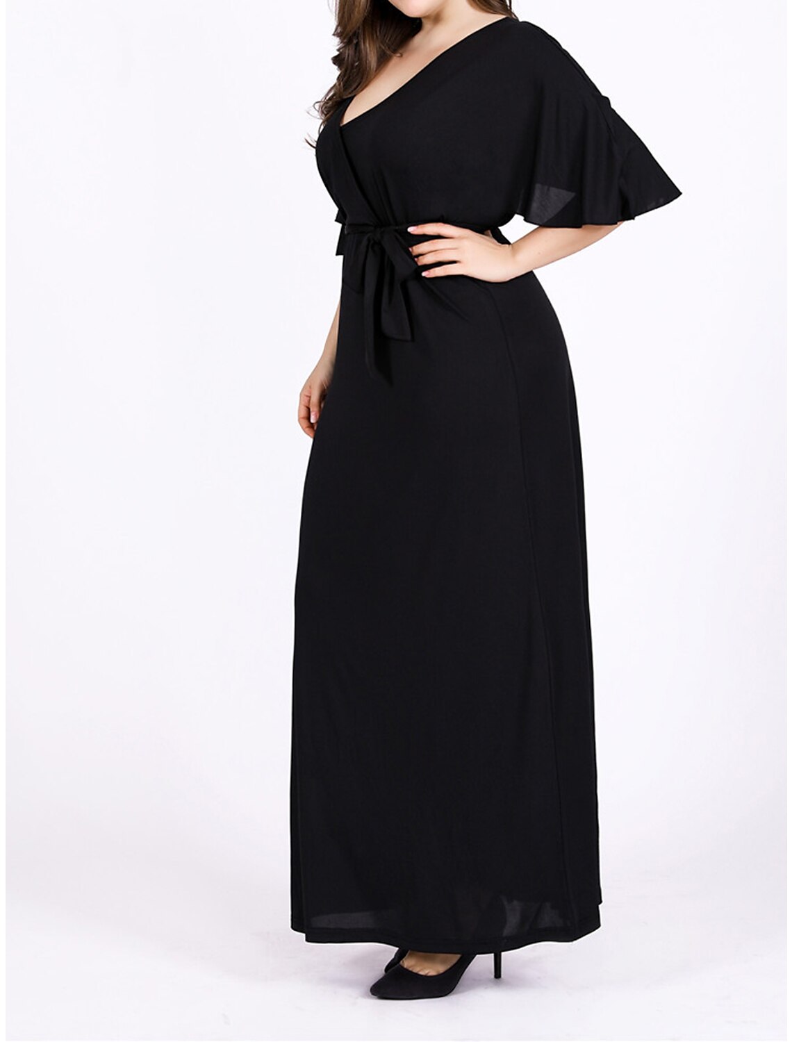 Women's Plus Size Black Dress Prom Dress Party Dress Long Dress Maxi Dress Black Short Sleeve Plain Lace up Summer Spring Fall V Neck Elegant Wedding Guest Birthday Evening Party