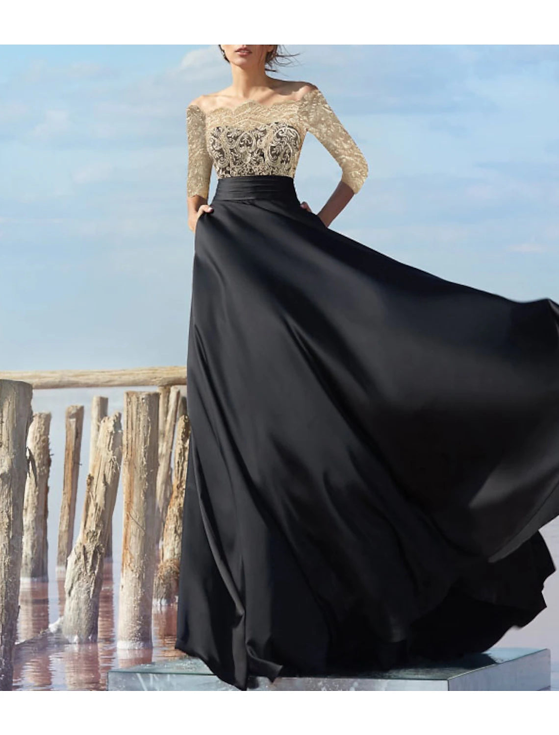 A-Line Empire Engagement Formal Black Dress Plus Size Evening Dress Off Shoulder Half Sleeve Floor Length Chiffon with Lace Insert Appliques