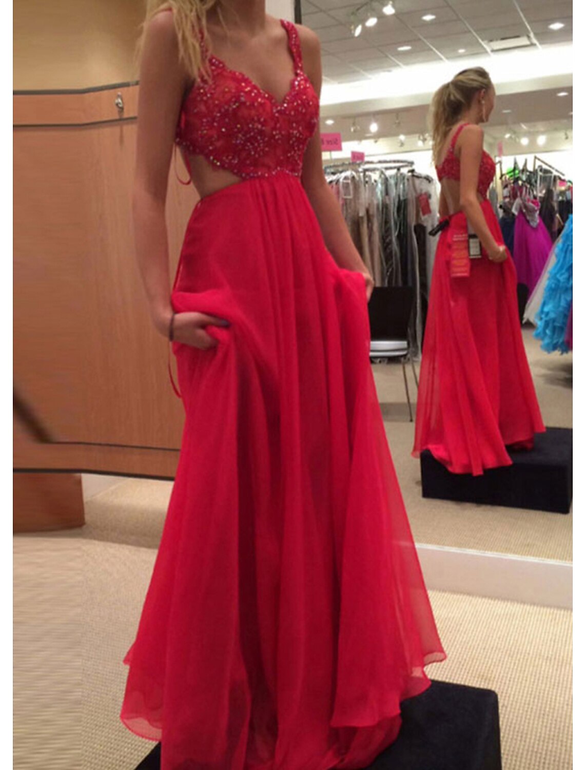 A-Line Prom Dresses Open Back Dress Formal Prom Floor Length Sleeveless V Neck Chiffon Backless with Beading