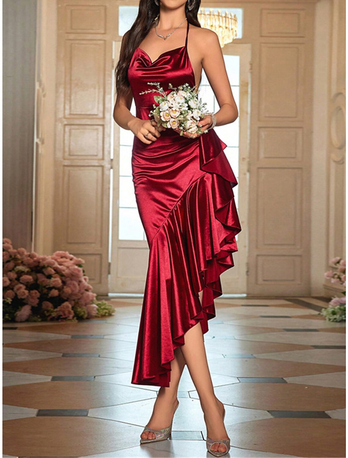 Women's Sequin Dress Prom Dress Party Dress Long Dress Maxi Dress Wine Sleeveless Plain Ruffle Summer Spring Fall Spaghetti Strap Elegant Wedding Guest Evening Party Vacation