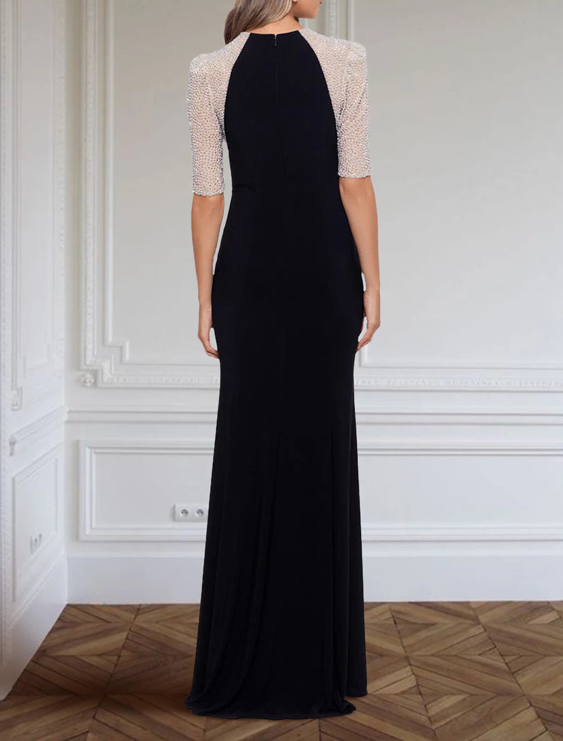 Sheath / Column Evening Gown Elegant Dress Formal Floor Length Half Sleeve Jewel Neck Sequined with Glitter Sequin