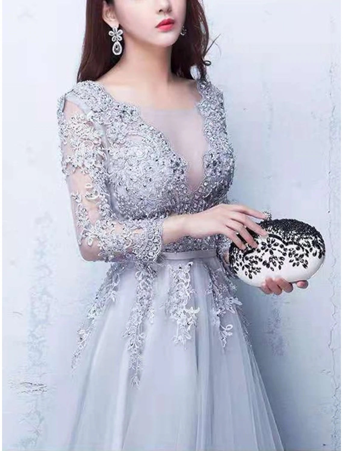 A-Line Evening Gown Party Dress Luxurious Dress Wedding Guest Engagement Chapel Train Half Sleeve Illusion Neck Tulle with Beading Appliques
