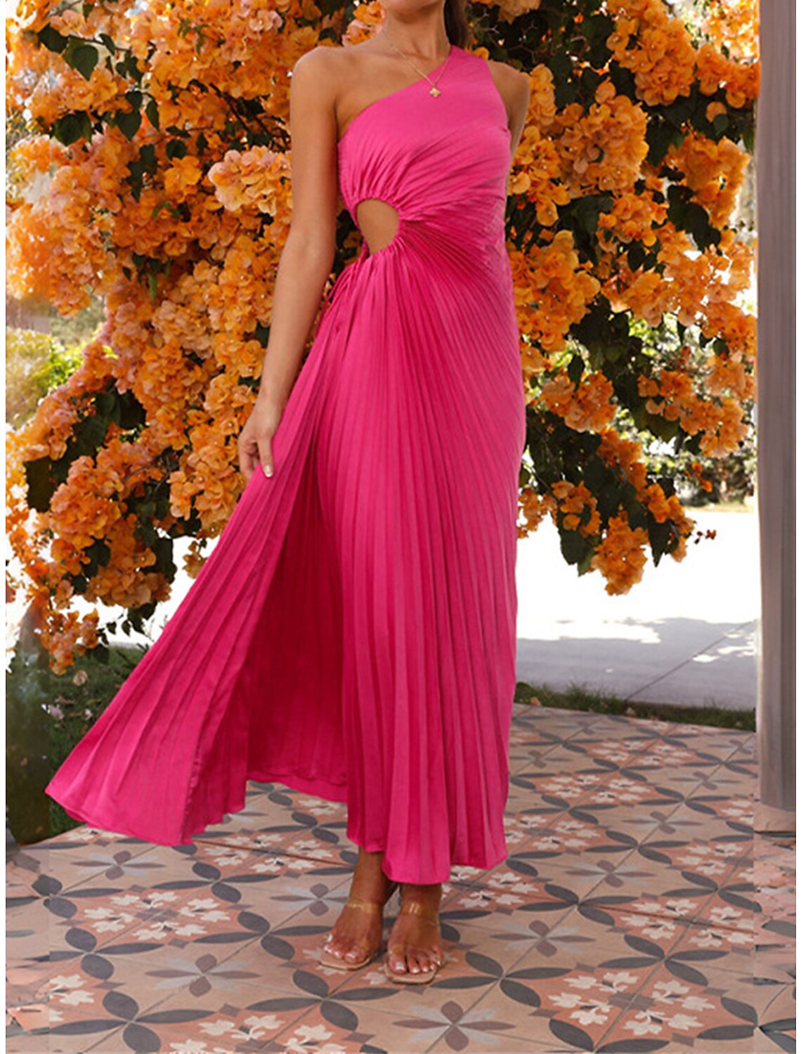 Women's Prom Dress Party Dress Cut Out Dress Long Dress Maxi Dress Black Light Purple Fuchsia Sleeveless Plain Pleated Summer Spring Fall One Shoulder Elegant Wedding Guest Birthday Evening Party