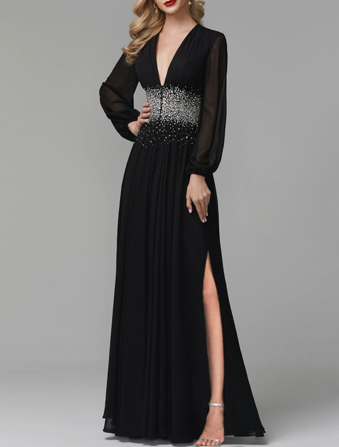 A-Line Evening Gown Luxurious Dress Party Wear Formal Evening Floor Length Long Sleeve V Neck Tulle with Pleats Sequin Slit