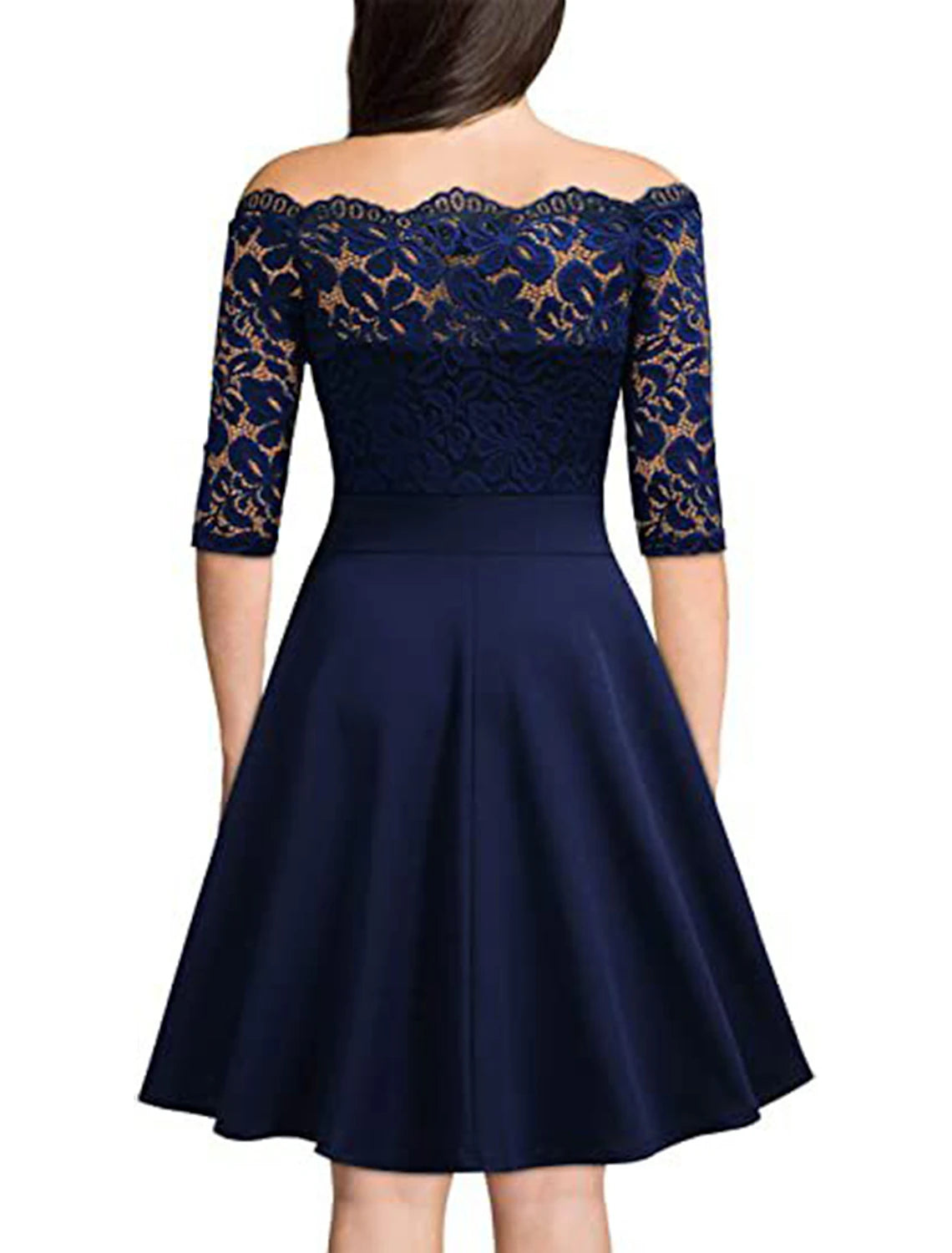 Women's Party Dress Lace Dress Wedding Guest Dress Midi Dress Wine Dark Blue Half Sleeve Pure Color Lace Spring Fall Winter Off Shoulder Fashion Winter Dress Wedding Guest Evening Party