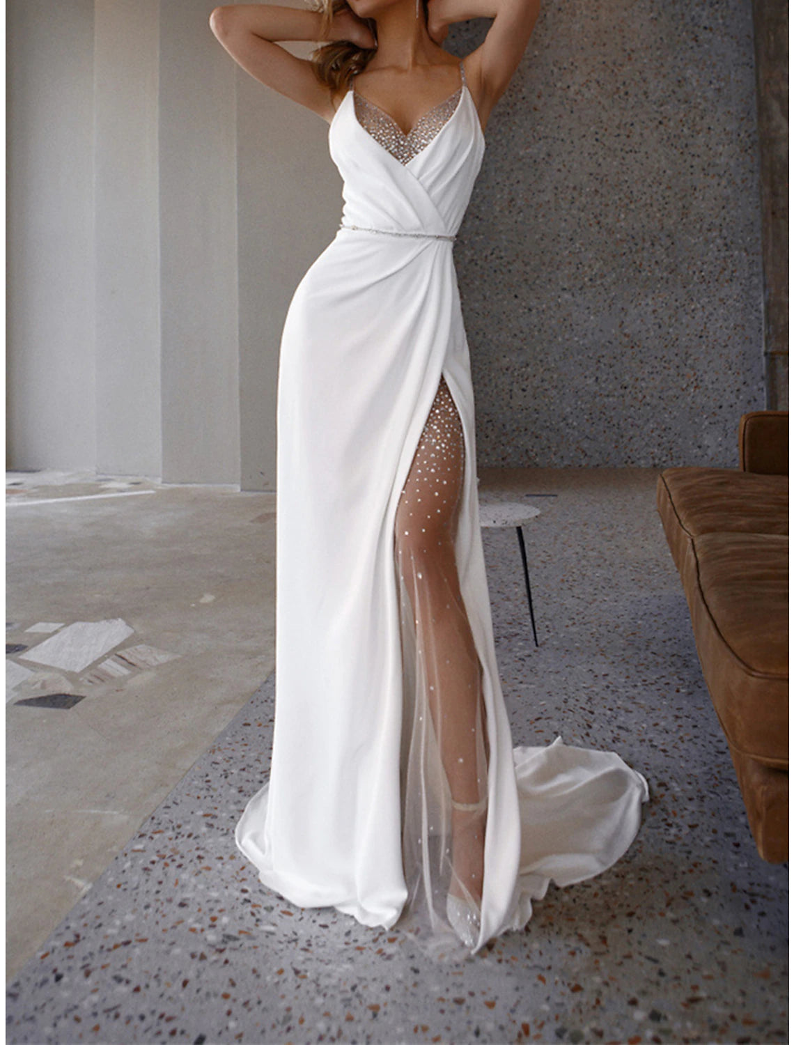 Women's Sequin Dress Prom Dress Party Dress Sparkly Dress Long Dress Maxi Dress White Sleeveless Fall Winter Spaghetti Strap Fashion Winter Dress Evening Party