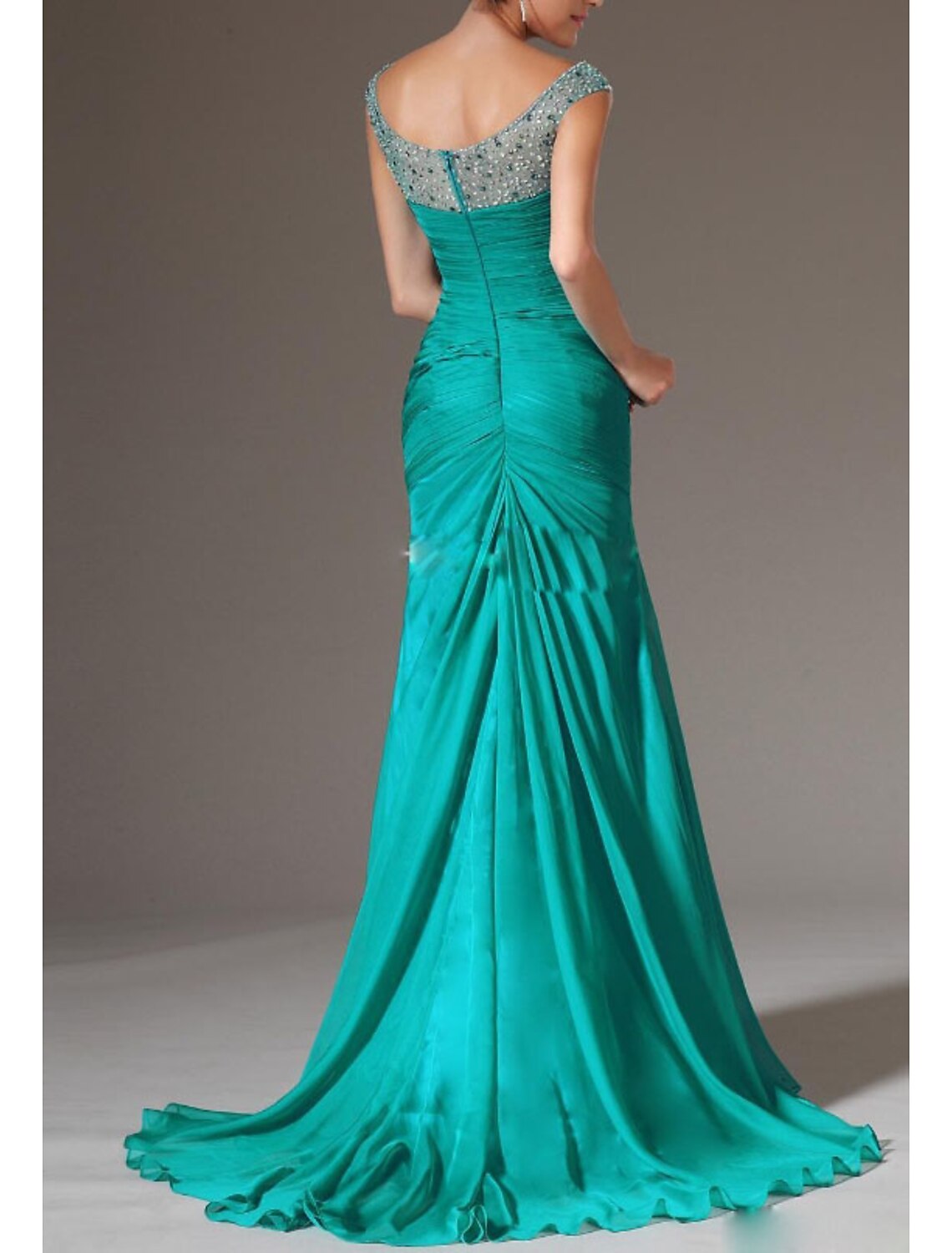 Sheath / Column Evening Gown Open Back Dress Formal Wedding Guest Sweep / Brush Train Sleeveless Plunging Neck Chiffon with Ruched Crystals Beading