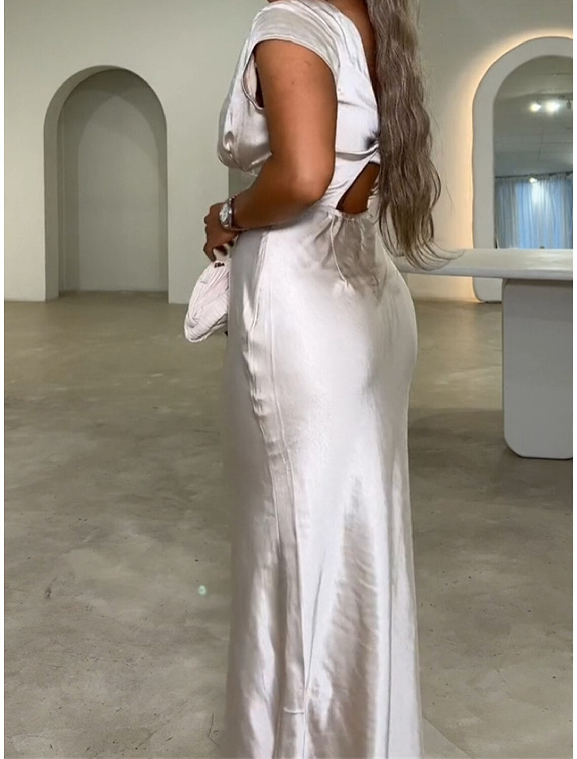 Women's Prom Dress Party Dress Wedding Guest Dress Long Dress Maxi Dress White Short Sleeve Plain Backless Spring Fall Winter V Neck Elegant Wedding Guest Evening Party