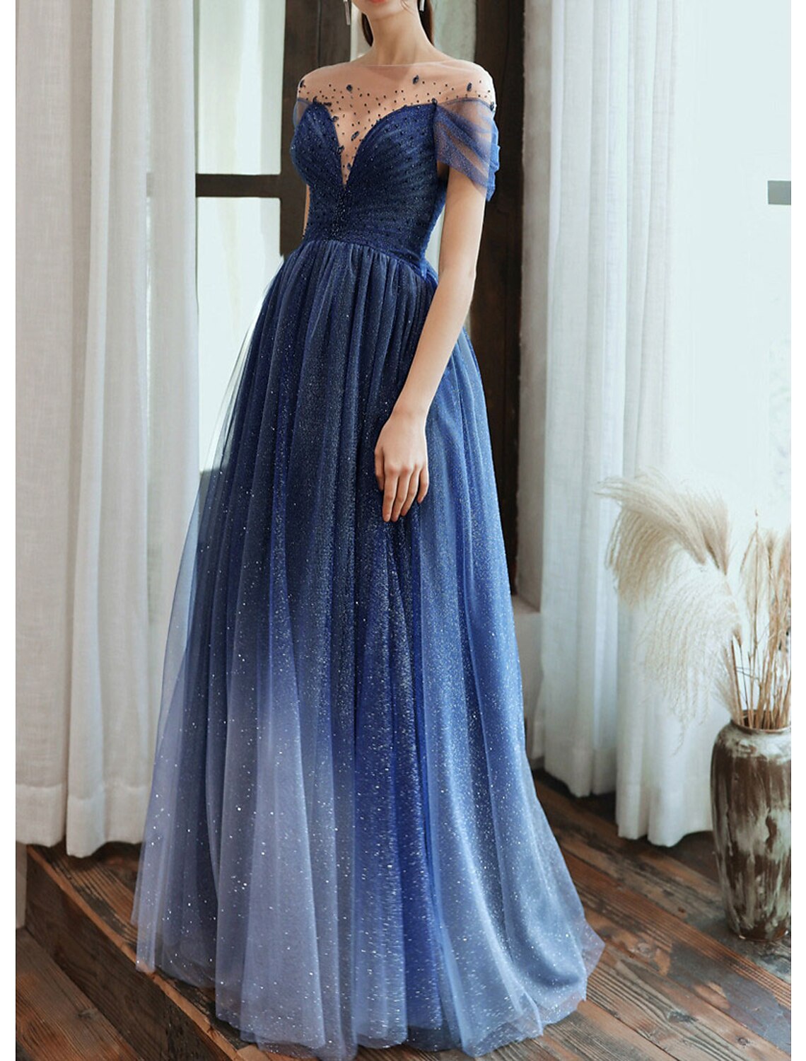 Sheath / Column Color Block Minimalist Sparkle Wedding Guest Formal Evening Dress Jewel Neck Short Sleeve Floor Length Tulle with Pleats Sequin