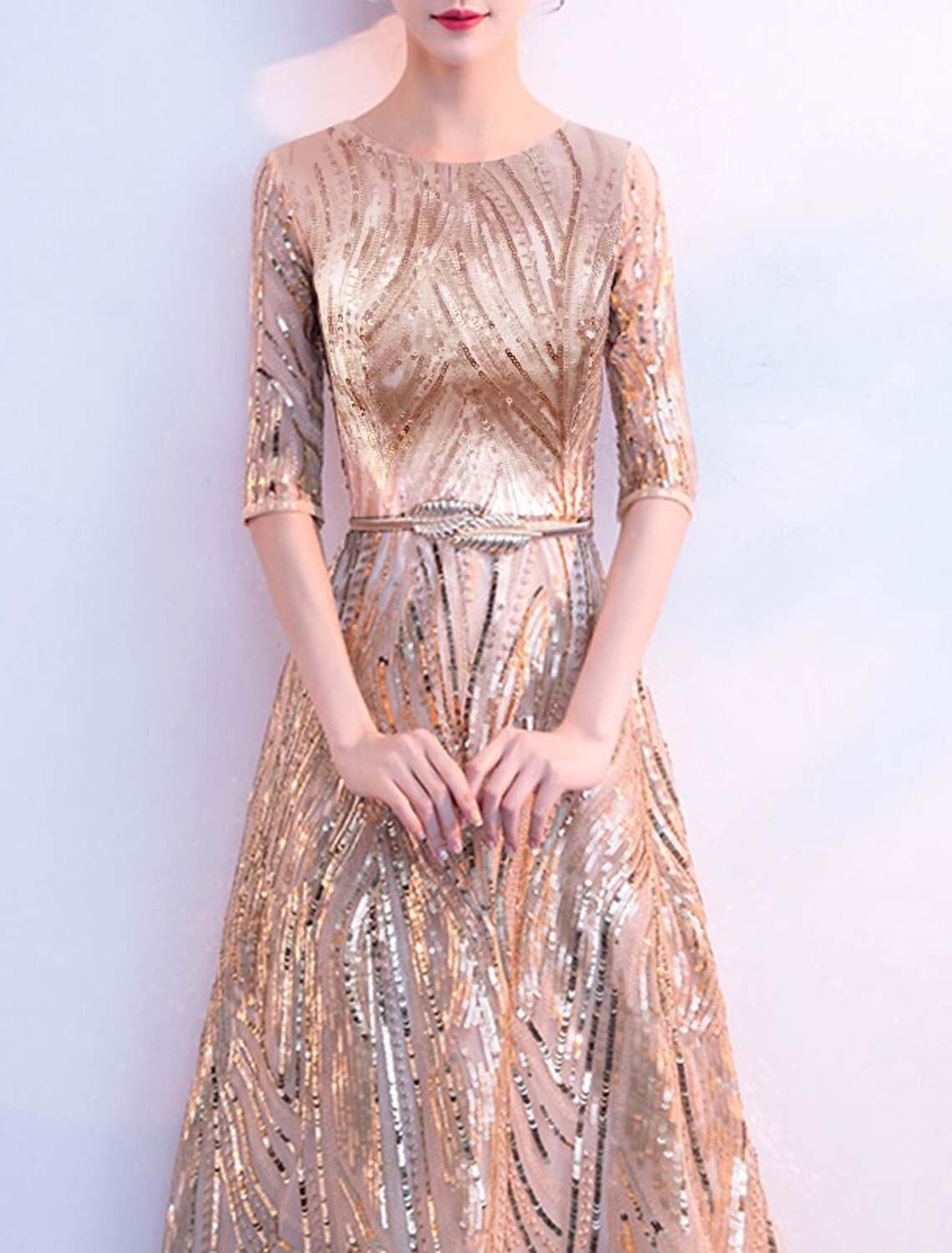 A-Line Minimalist Elegant Wedding Guest Formal Evening Dress Jewel Neck Half Sleeve Floor Length Sequined with Sash / Ribbon Sequin