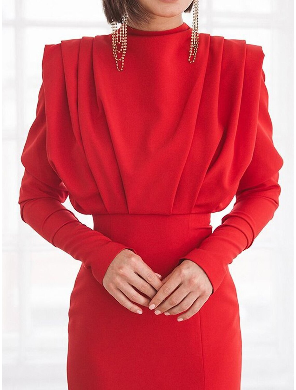 Women's Prom Dress Party Dress Wedding Guest Dress Long Dress Maxi Dress Black White Red Long Sleeve Pure Color Ruched Fall Winter Autumn Crew Neck Fashion Winter Dress Wedding Guest Evening Party