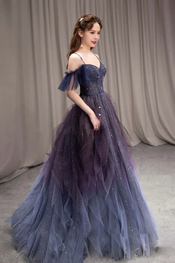 Purple Spaghetti Strap Gradient Tulle Long Prom Dress A-Line Evening Party Dress