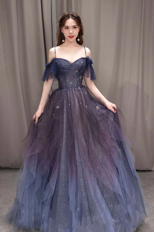 Purple Spaghetti Strap Gradient Tulle Long Prom Dress A-Line Evening Party Dress