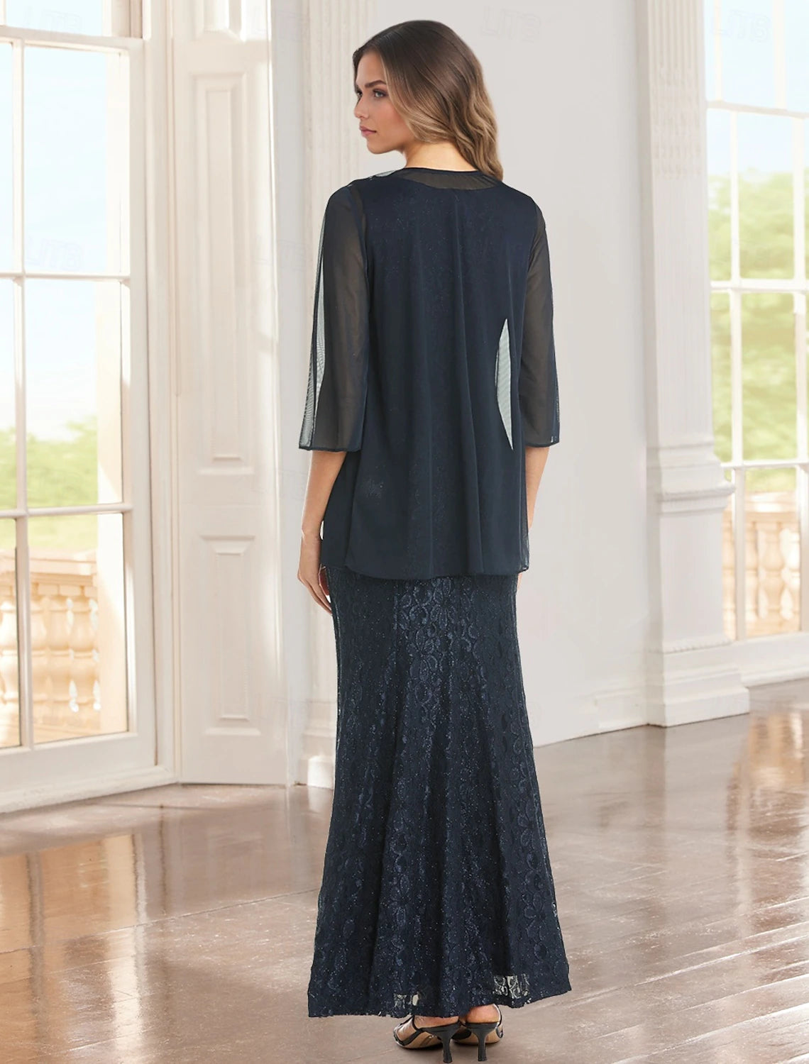 Buyishang Two Piece Sheath Dress Suit Mother of the Bride Dress Elegant Vintage Sparkle & Shine Jewel Neck Ankle Length Chiffon Lace 3/4 Length Sleeve with Lace Beading