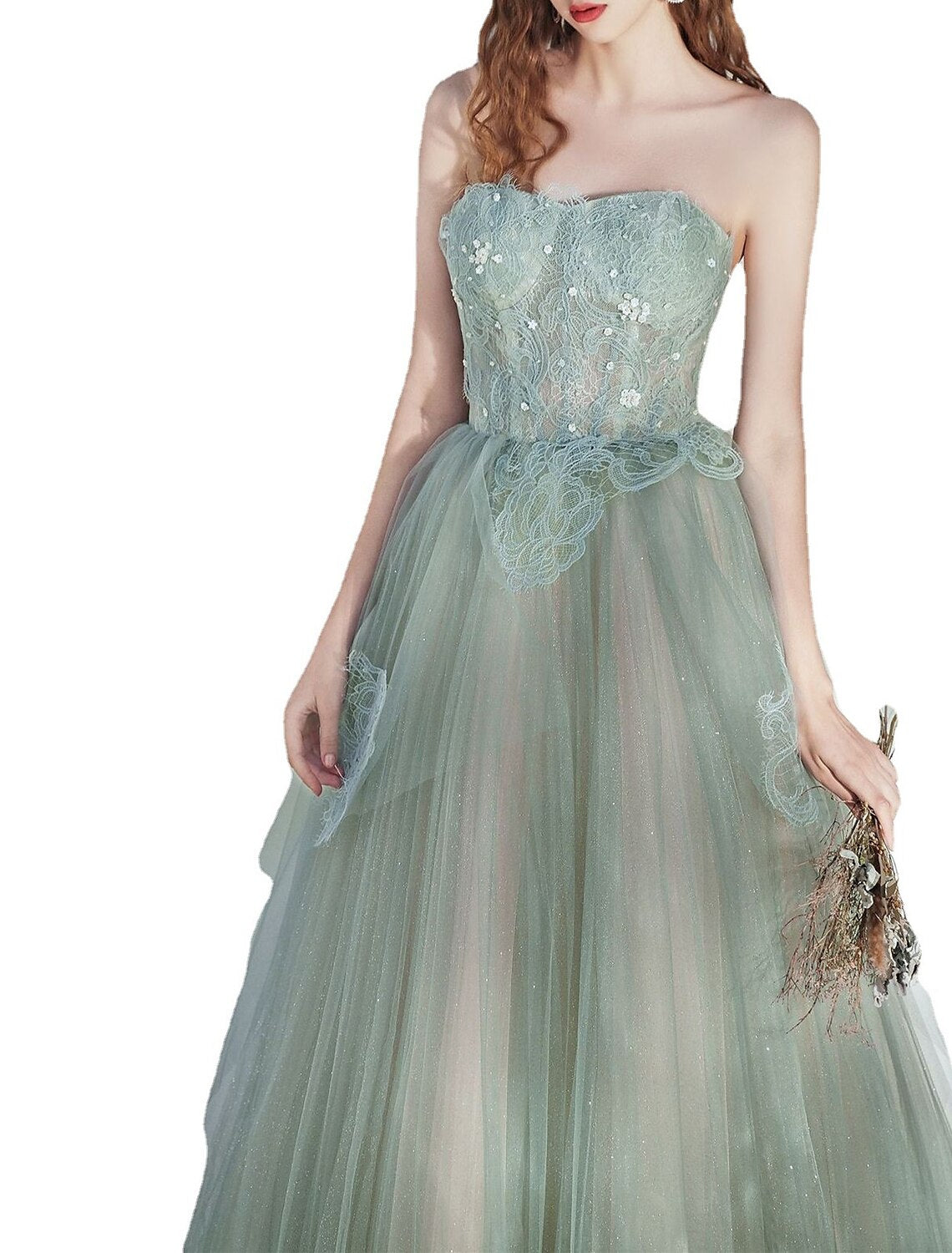 A-Line Party Dresses Glittering Dress Prom Birthday Floor Length Sleeveless Strapless Tulle with Glitter