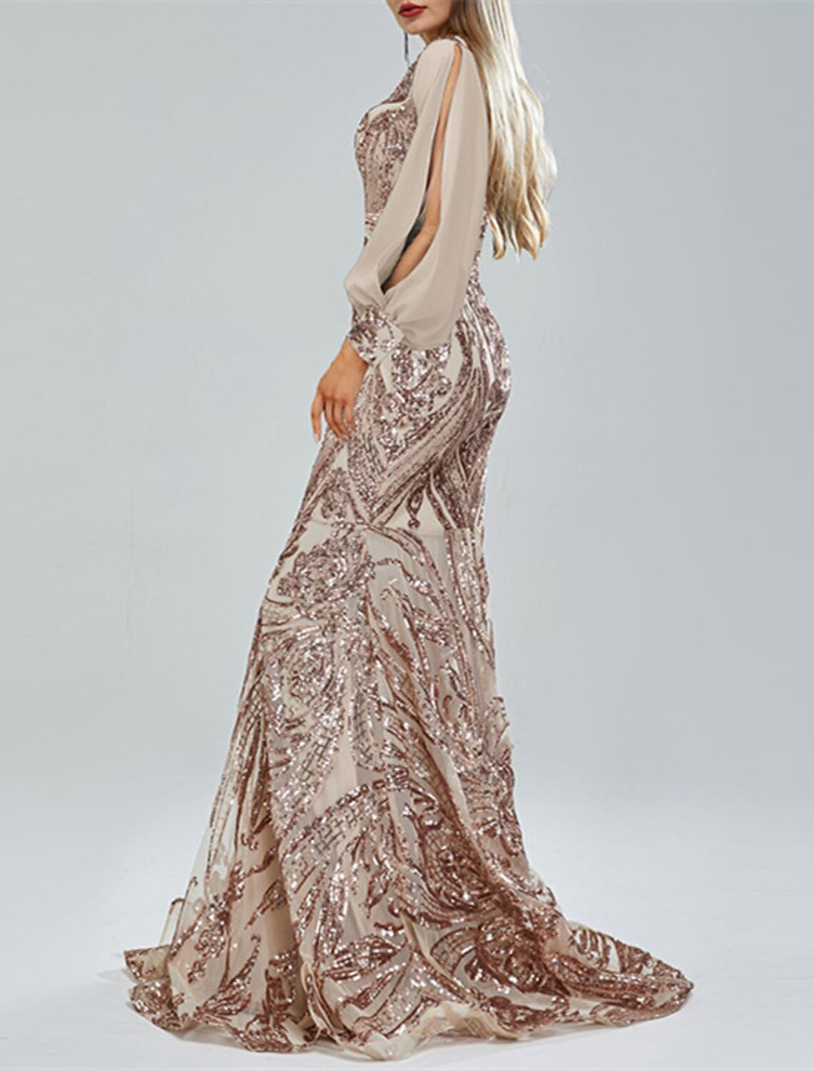 Mermaid / Trumpet Evening Gown Sparkle & Shine Dress Formal Wedding Guest Sweep / Brush Train Long Sleeve V Neck Lace with Sequin Appliques