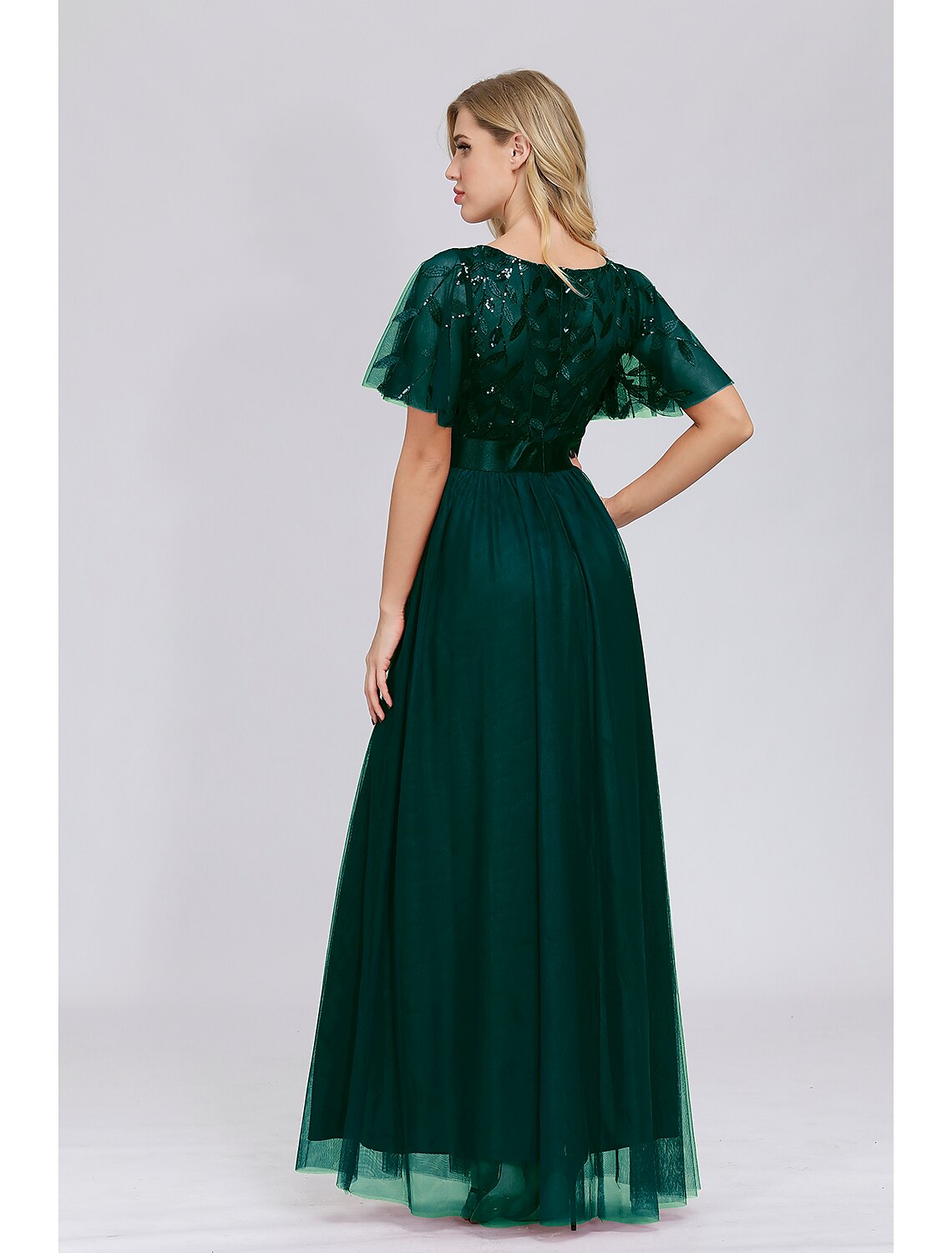 A-Line Empire Elegant Party Wear Prom Dress Jewel Neck Short Sleeve Floor Length Tulle with Embroidery / Illusion Sleeve