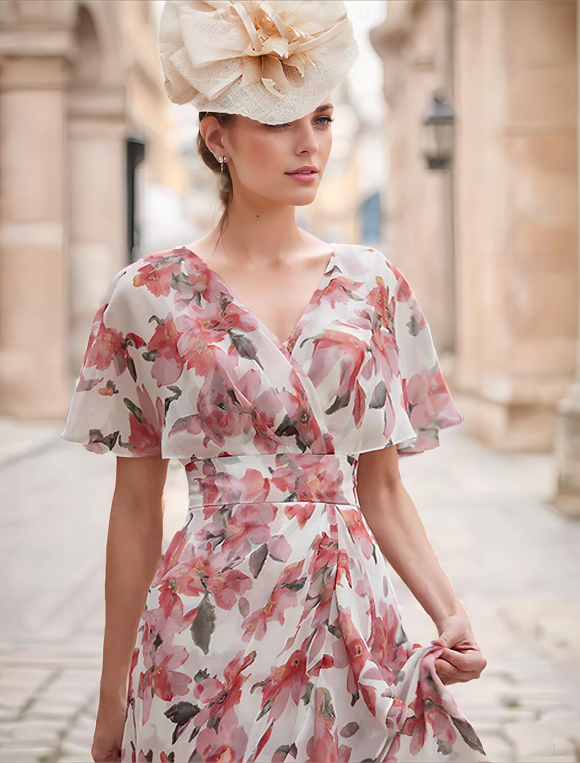 Buyishang A-Line Mother of the Bride Dress Formal Wedding Guest Elegant Casual High Low V Neck Asymmetrical Ankle Length Chiffon Short Sleeve with Cascading Ruffles free custom size