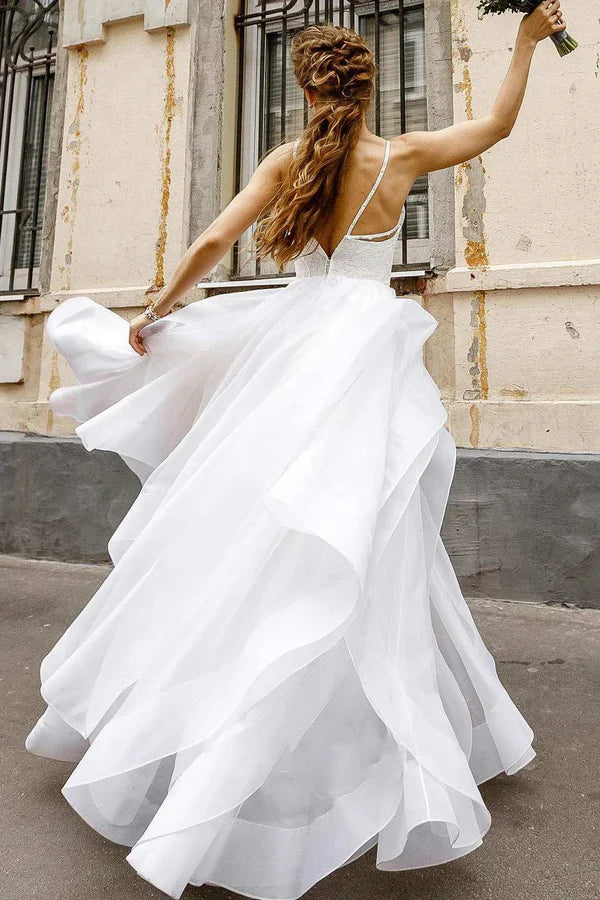 Buyishang Flowy Spaghetti Layered Wedding Dress With Lace Top